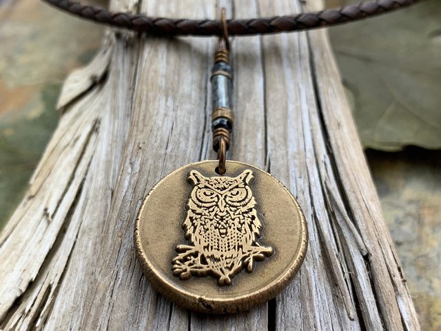 Bronze Owl Charm, Irish Celtic, Owl Witch Necklace, Celtic Hag Crone, Leather & Vegan Cords, Handmade Art Jewelry, Soul Harbor Jewelry