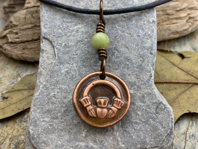 Claddagh Irish Charm, Copper Wax Seal Necklace, Connemara Marble, Irish Celtic Jewelry, Love Loyalty Friendship, Symbols of Ireland