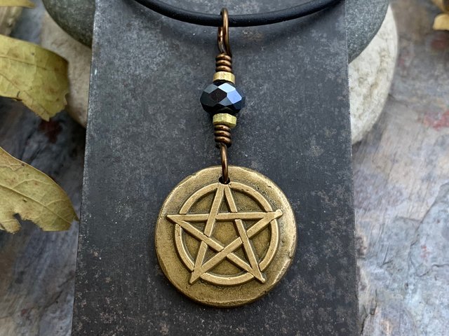Pentagram Bronze Charm, Pentacle Pendant, Black Crystal Bead, Leather & Vegan Cords, Pagan Wicca, 5 Elements Star, Handmade, Witchy Things