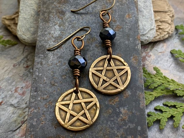Pentagram Bronze Earrings, Pentacle, Wicca Pagan, Crystals Beads, 5 Elements, Witch Jewelry, Hypoallergenic Ear Wires, Soul Harbor Jewelry