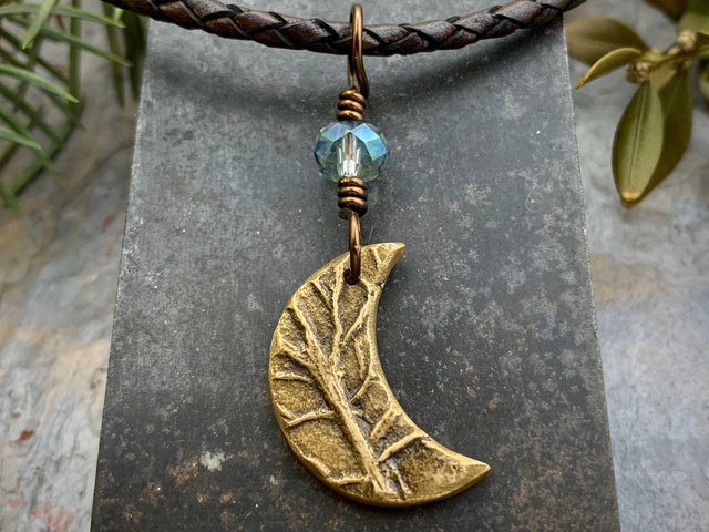 Crescent Moon Charm, Bronze Moon Necklace, Hand Carved Tree Branches, Celestial Jewelry, Pagan Wicca, Moon Goddess, Celtic Witch, Handmade