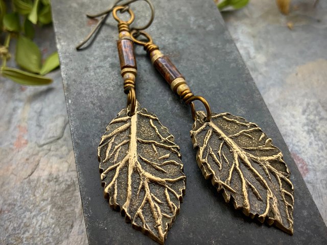 Birch Leaf Earrings, Bronze Leaves, Hand Carved Tree Branch, Czech Glass Beads, Pagan Wicca, Hypoallergenic Niobium, Soul Harbor Jewelry