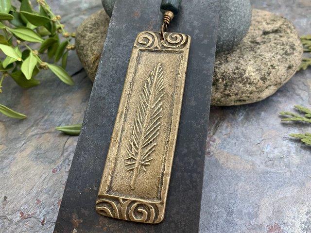 Bronze Feather Pendant, Connemara Marble, Celtic Spirals, Long Single Feather, Handmade, Art Jewelry, Long Necklace, Soul Harbor Jewelry
