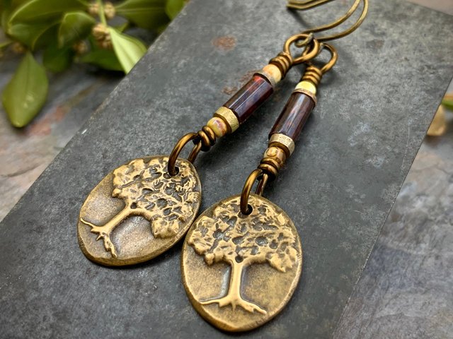 Tree of Life, Bronze Earrings, Czech Glass Beads, Hypoallergenic Ear Wires, Handmade, Art Jewelry, Wire Wrapped Beads, Oval Tree Dangles