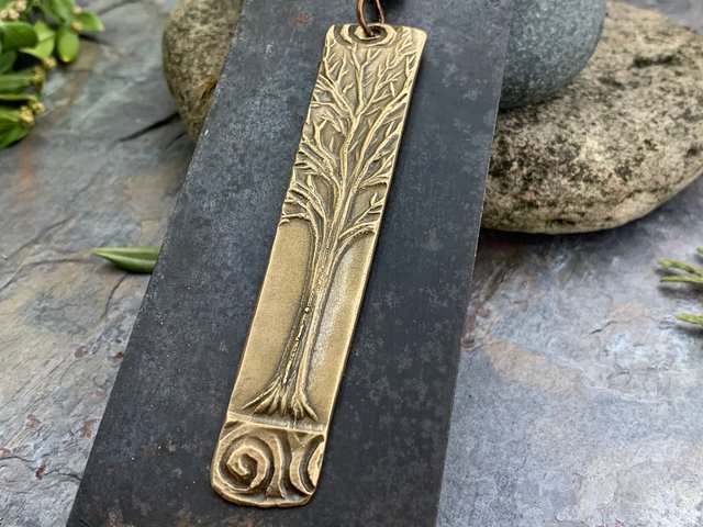 Tree of Life Bronze Pendant, Connemara Marble, Irish Celtic Jewelry, Long Skinny Tree Necklace, Celtic Spirals, Druid Sacred Trees, Handmade
