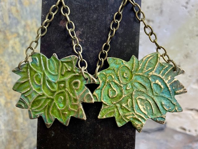 Lotus & Chain Earrings, Bronze Verdigris Patina, Large Statement Earrings, Hand Carved, Hypoallergenic Ear Wires, Handmade Art Jewelry