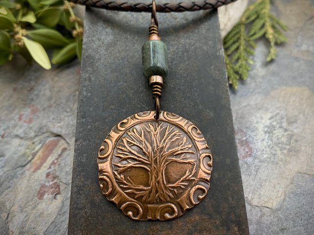 Celtic Tree of Life, Copper Pendant, Connemara Marble, Irish Celtic Spirals, Round Tree of Life, Crann Bethadh, Soul Harbor Jewelry, Artwork