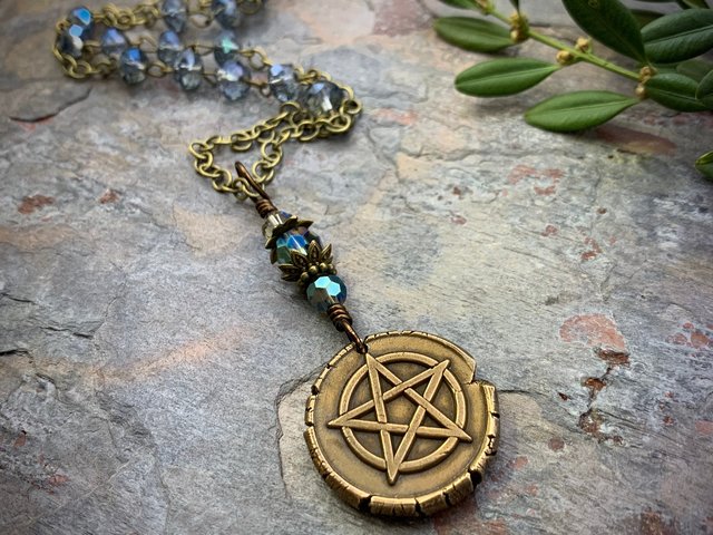 Pentagram Charm Necklace, Blue Crystal Beads, 5 Elements, Long Pentacle Necklace, Pagan Wicca, Earth Air Fire Water Spirit, Handmade Art