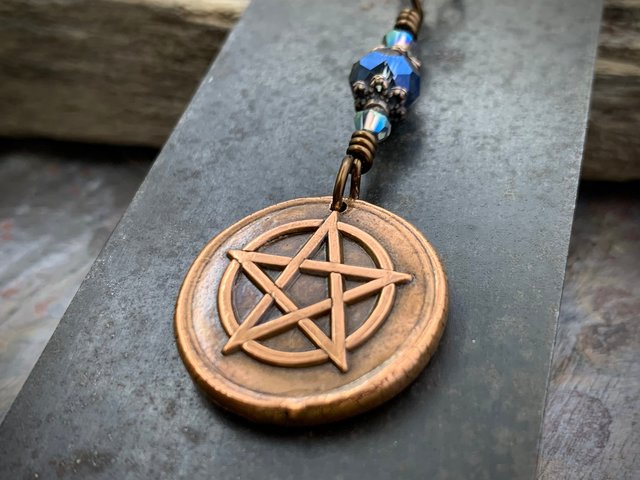 Pentagram Copper Charm, Pentacle Pendant, 5 Elements, Pagan Wicca Jewelry, Blue Crystal Beads, Leather & Vegan Cords, Handmade Art Jewelry