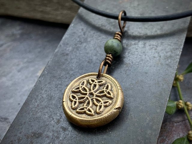 Trinity Knot Pendant, Bronze Wax Seal Charm, Connemara Marble, Irish Celtic, Leather & Vegan Cords, Triple Goddess, Handmade Art Jewelry