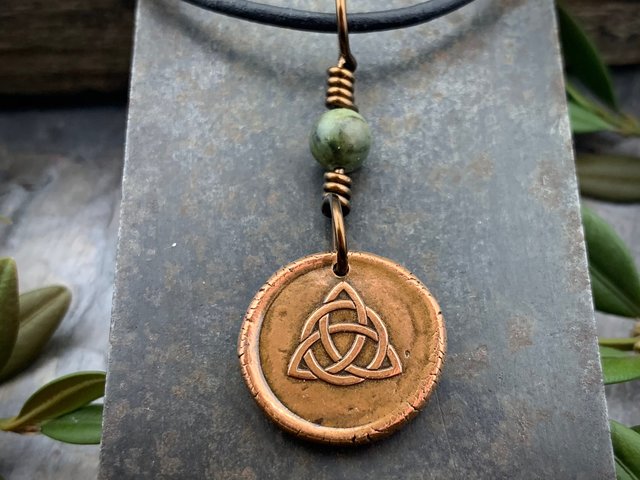 Trinity Knot Charm, Triquetra, Copper Wax Seal Charm, Connemara Marble, Irish Celtic, Leather & Vegan Cords, Handmade, Wired Bead Jewelry