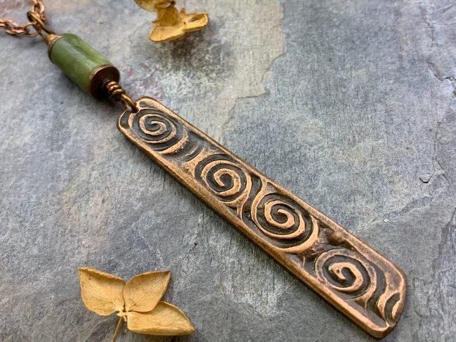 Celtic Spiral Necklace, Connemara Marble, Irish Celtic Jewelry, Celtic Witch Goddess, Celtic Shield, Long Copper Pendant, 7th Anniversary