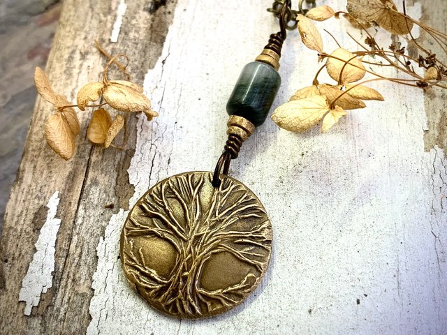 Celtic Tree of Life Charm, Bronze Pendant, Connemara Marble, Irish Celtic Jewelry, Hand Carved Art, Crann Bethadh, Leather & Vegan Cords