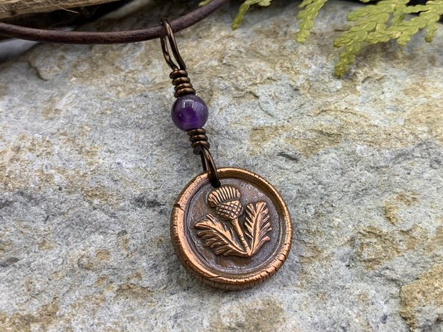 Thistle of Scotland, Copper Wax Seal Charm, Amethyst Bead, Scottish Thistle, Outlander Jewelry, Leather & Vegan Cords, Soul Harbor Jewelry