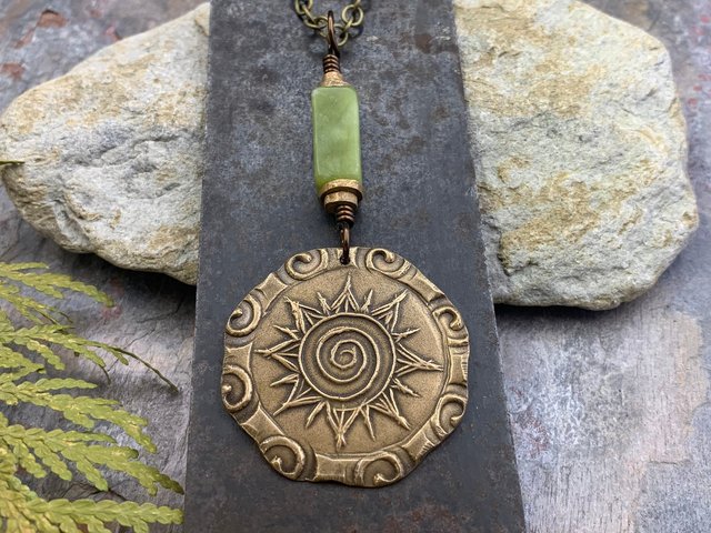 Celtic Sun Spiral Necklace, Bronze Sun Pendant, Connemara Marble, Irish Celtic Jewelry, Pagan Sun Necklace, Round Sun Charm, Long Chain, Art