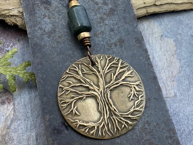 Celtic Tree of Life, Bronze Pendant, Connemara Marble, Irish Celtic Spirals, Round Tree of Life, Crann Bethadh, Hand Carved, Branches Roots