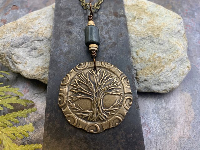 Celtic Tree of Life, Bronze Pendant, Connemara Marble, Irish Celtic Spirals, Round Tree of Life, Crann Bethadh, Hand Carved, Art Jewelry