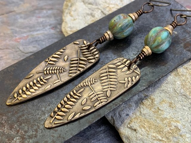 Fern Earrings, Bronze Shield Earrings, Teardrop Dangle, Botanical, Earthy Jewelry, Green Witch, Czech Glass Beads, Statement Earrings
