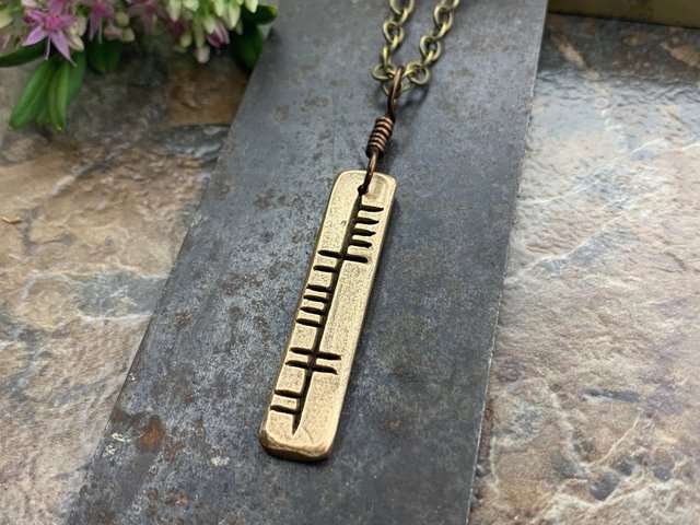 Hope Ogham Necklace, Bronze Bar Charm, Dóchas, Irish Celtic Gaelic, Hand Carved Ogham Art, Leather & Vegan Cords, Soul Harbor Jewelry