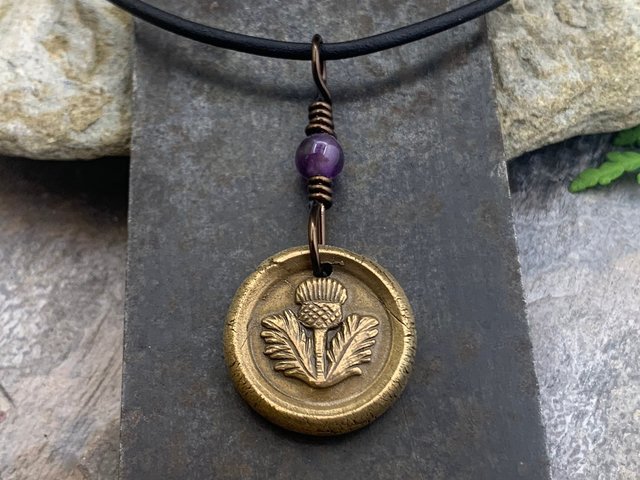 Thistle of Scotland Charm, Bronze Scottish Thistle, Amethyst Bead, Leather & Vegan Cords, Outlander Highlander, Handmade Art Jewelry,