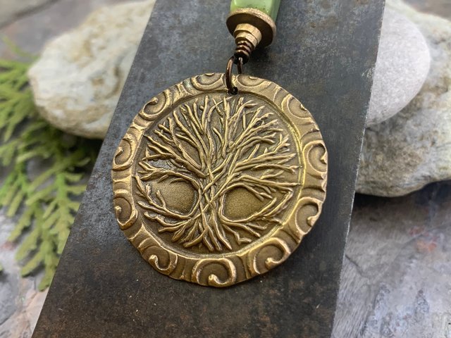 Celtic Tree of Life, Bronze Pendant, Connemara Marble, Irish Celtic Spirals, Round Tree of Life, Crann Bethadh, Hand Carved, Art Jewelry
