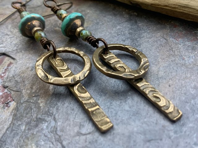 Bronze Hoop Earrings, Skinny Stick Earrings, Czech Glass Beads, Celtic Spirals, Bronze & Turquoise, Boho Earthy Art Jewelry, Handmade