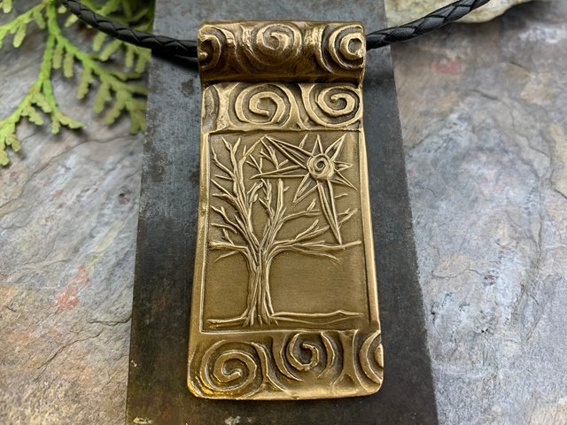 Celtic Tree of Life, Bronze Tree Sun Pendant, Irish Celtic Spirals, Hand Carved, Leather & Vegan Cords, Druid Pagan, Handmade Art Jewelry