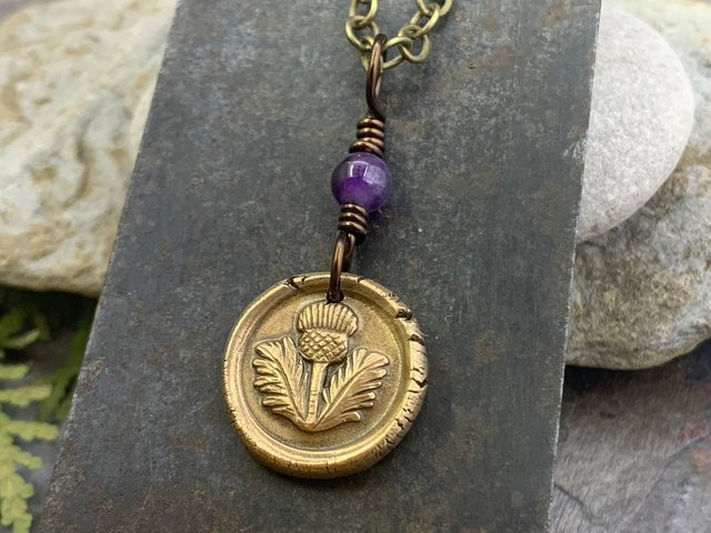 Thistle of Scotland Charm, Bronze Scottish Thistle, Amethyst Bead, Leather & Vegan Cords, Outlander Highlander, Handmade Art Jewelry,