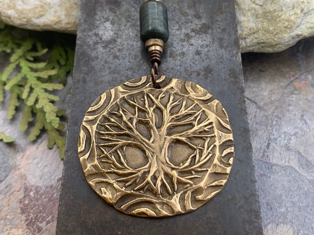 Celtic Tree of Life, Bronze Pendant, Connemara Marble, Irish Celtic Spirals, Round Tree of Life, Crann Bethadh, Hand Carved, Art Jewelry