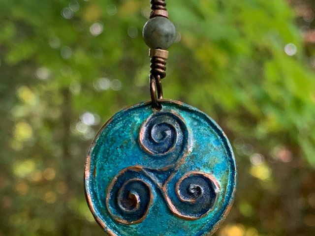 Triskele Pendant, Triskelion, Triple Spiral, Copper Patina, Irish Celtic Jewelry, Connemara Marble, Pagan Wicca, Triple Goddess Charm