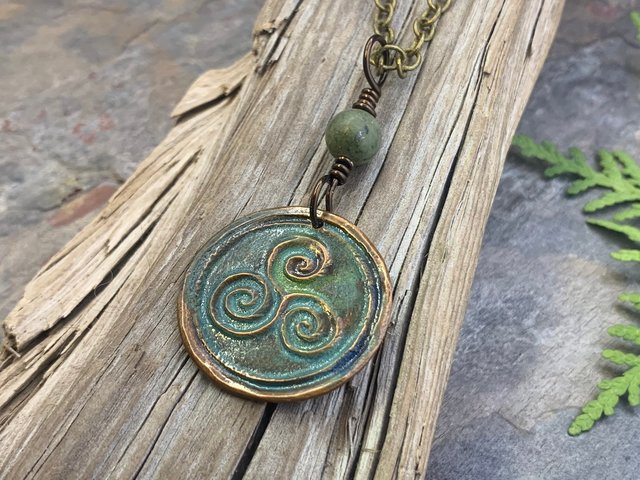 Triskele Pendant, Triskelion, Triple Spiral, Copper Patina, Irish Celtic Jewelry, Connemara Marble, Pagan Wicca, Triple Goddess Charm