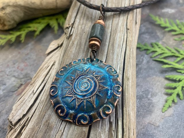 Celtic Sun Spiral Necklace, Copper Sun Charm, Irish Celtic Spirals, Connemara Marble, Hand Carved, Verdigris Patina, Handmade Art Jewelry