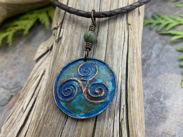 Triskele Pendant, Triskelion, Triple Spiral, Copper Patina, Irish Celtic Jewelry, Connemara Marble, Pagan Wicca, Triple Goddess Charm