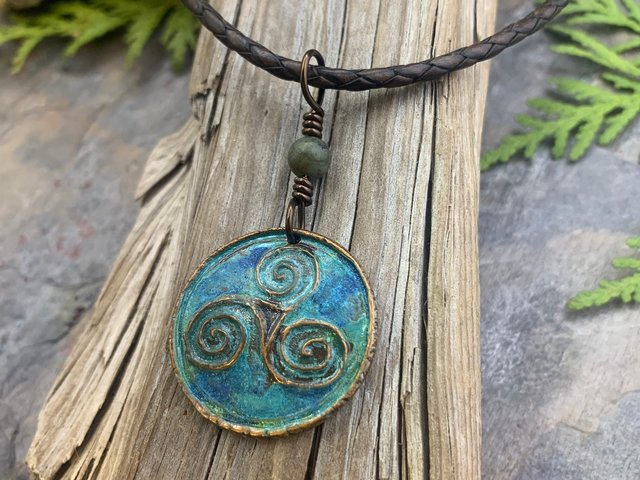 Triskele Pendant, Triskelion, Triple Spiral, Copper Patina, Irish Celtic Jewelry, Connemara Marble, Pagan Wicca, Triple Goddess Charm