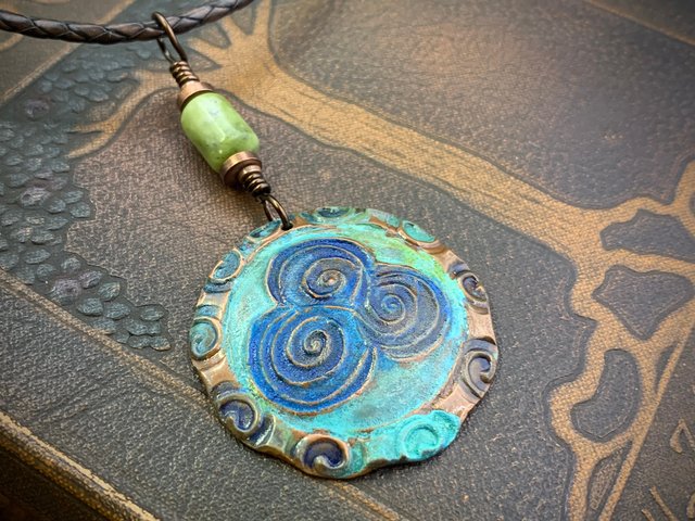 Newgrange Spirals, Copper Pendant, Connemara Marble, Triple Spiral, Irish Celtic Jewelry, Verdigris Patina, Blue Green Copper, Pagan Witch