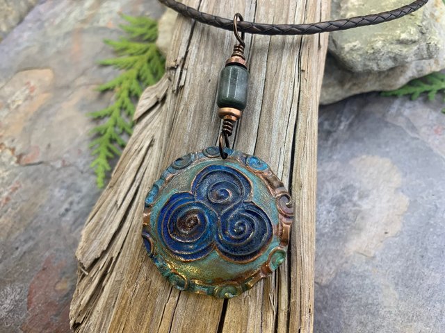 Newgrange Spirals, Copper Pendant, Connemara Marble, Triple Spiral, Irish Celtic Jewelry, Verdigris Patina, Blue Green Copper, Pagan Witch