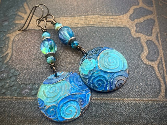 Copper Spiral Earrings, Verdigris Patina, Disc Earrings, Copper and Turquoise, Czech Glass Beads, Wire Wrapped, Irish Celtic Jewelry, Pagan