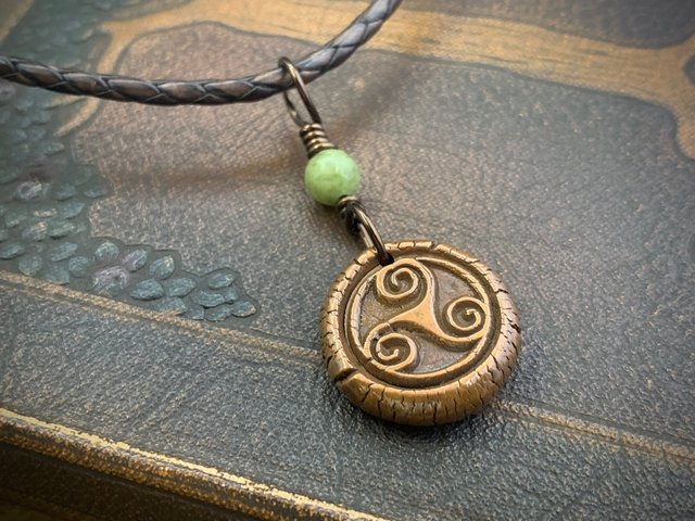 Triskele Copper Necklace, Connemara Marble, Wax Seal Charm, Irish Celtic Symbols, Triple Spiral, Triskelion, Pagan Jewelry, 7th Anniversary