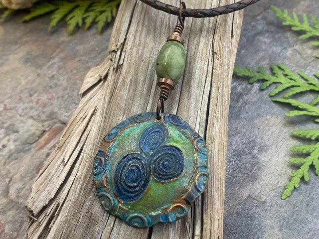 Newgrange Spirals, Copper Pendant, Connemara Marble, Triple Spiral, Irish Celtic Jewelry, Verdigris Patina, Blue Green Copper, Pagan Witch