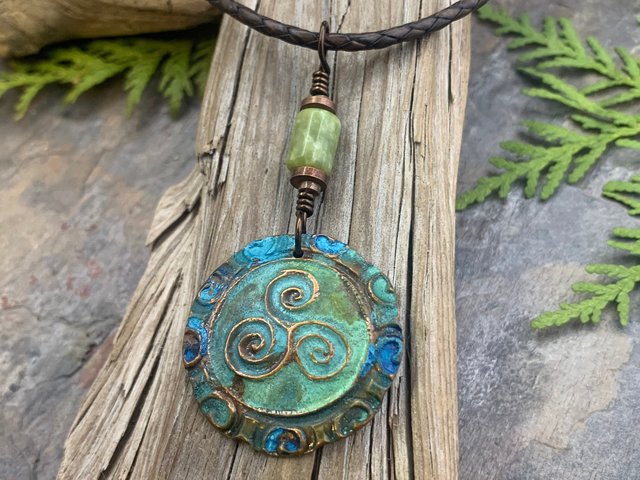 Triskele Copper Pendant, Triskelion, Connemara Marble, Triple Spiral, Irish Celtic Jewelry, Verdigris Patina, Blue Green Copper, Pagan Witch