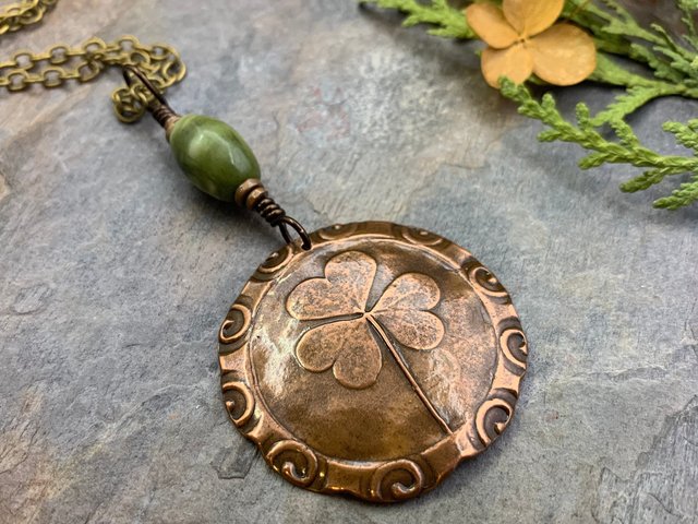 Shamrock Pendant, Connemara Marble Necklace, Irish Celtic Spirals, Copper 7th Anniversary, Irish Clover, Leather Vegan Cords, Antiqued Chain