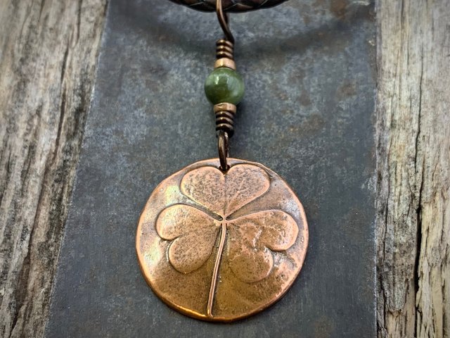 Shamrock Copper Pendant, Connemara Marble Necklace, Irish Celtic Spirals, Irish Clover, Leather Vegan Cords, Handmade in Door County WI