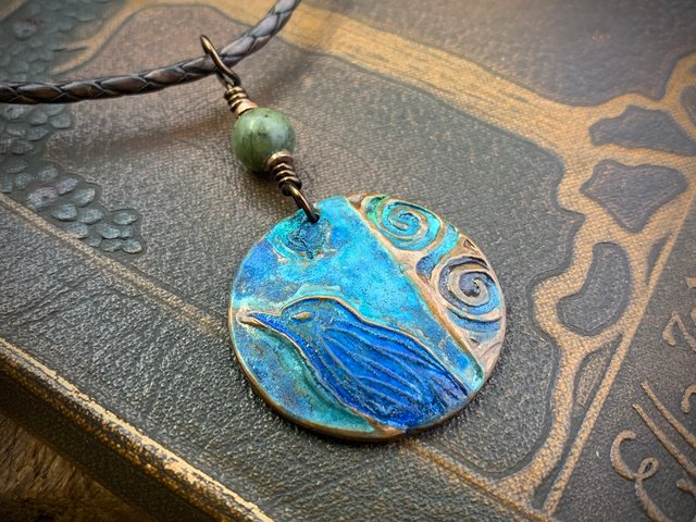 Copper Raven Pendant, Colorful Patina, Connemara Marble, Hand Carved, Irish Celtic Spirals, Celtic Witch Goddess, Ancient Earthy Jewelry