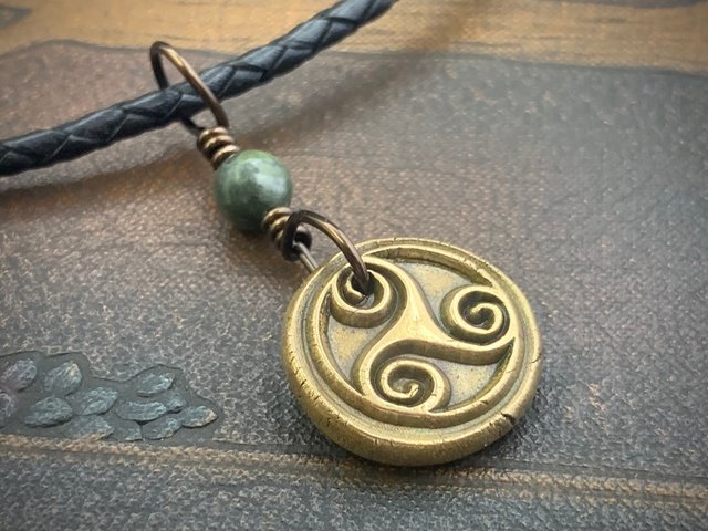 Triskele Bronze Necklace, Connemara Marble, Wax Seal Charm, Irish Celtic Symbols, Triple Spiral, Triskelion, Pagan Jewelry, 8th Anniversary