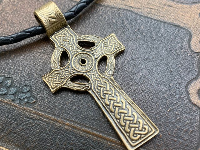 Bronze Celtic Cross, Irish Celtic Jewelry, Cross Pendant, Celtic Knots Spirals, Cross for Men Women, Handmade Art, Leather & Vegan Necklaces
