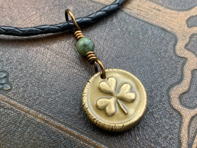 Shamrock Clover Charm, Bronze Wax Seal Charm, Connemara Marble, Irish Celtic, Trinity, Eco Recycled Metal, Leather & Vegan Cords, Handmade