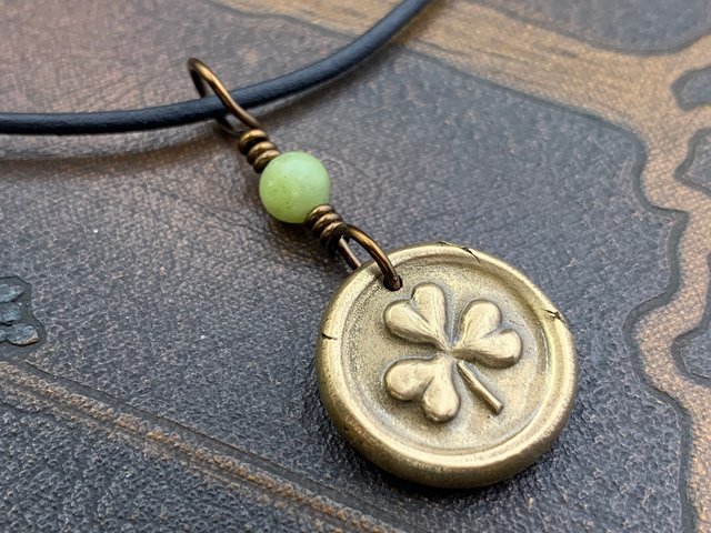 Shamrock Clover Charm, Bronze Wax Seal Charm, Connemara Marble, Irish Celtic, Trinity, Eco Recycled Metal, Leather & Vegan Cords, Handmade