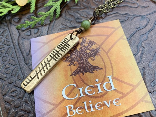 Believe Ogham Necklace, Creid Irish Gaelic, Bronze Bar Charm, Connemara Marble, Irish Celtic, Hand Carved Pendant, Soul Harbor Jewelry