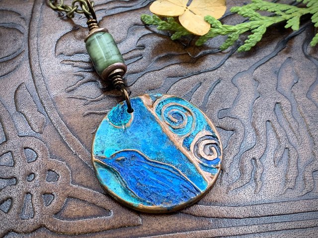Copper Raven Pendant, Colorful Patina, Connemara Marble, Hand Carved, Irish Celtic Spirals, Celtic Witch Goddess, Ancient Earthy Jewelry