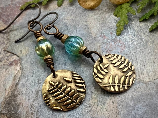 Fern Bronze Earrings, Light Dangle Earrings, Earthy Czech Glass Beads, Hypoallergenic Ear Wires, Botanical Green Witch, Soul Harbor Jewelry